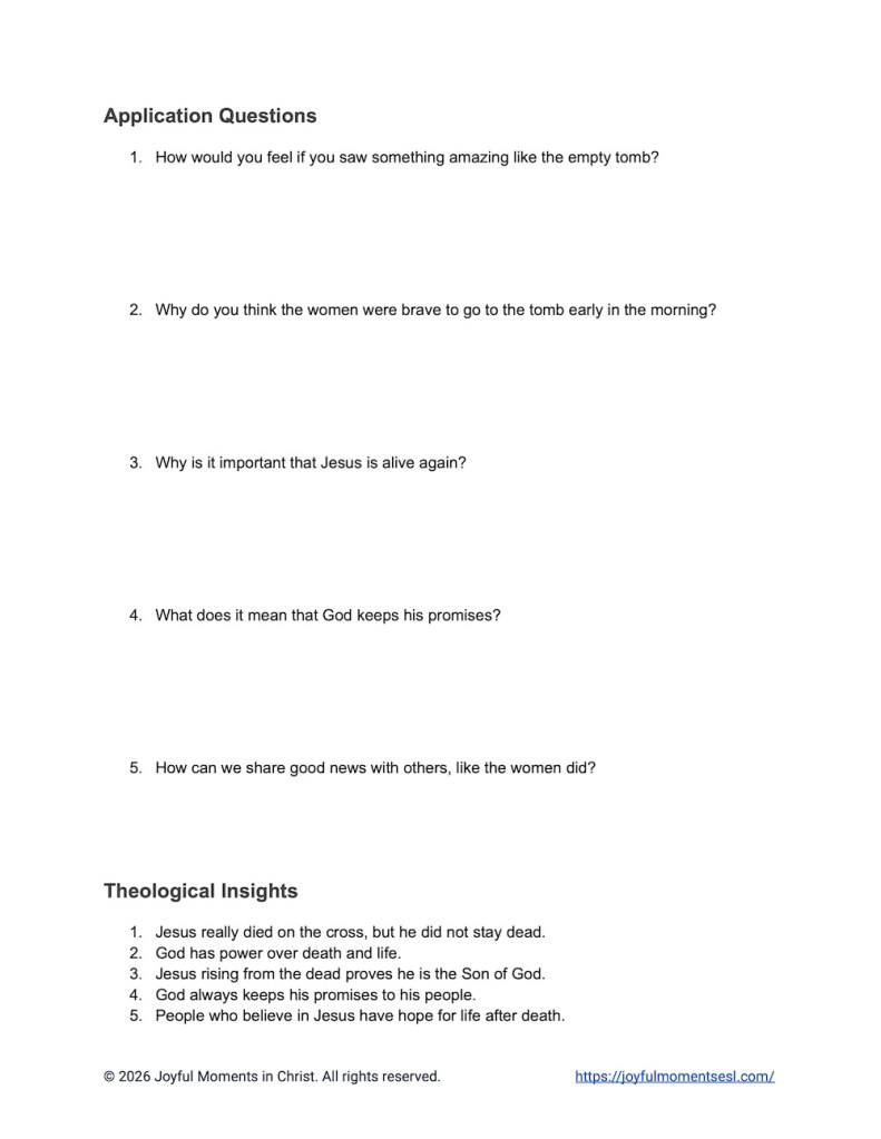 These Easter Bible study Luke 24:1-12 application and discussion questions are perfect for ESL students. The two-page printable includes simple questions about the story and deeper application questions about God's promises. Help your students talk about their faith in English with these free resources! #ESLBibleStudy #BibleStudyPrintable #ChristianESL #LearnEnglish