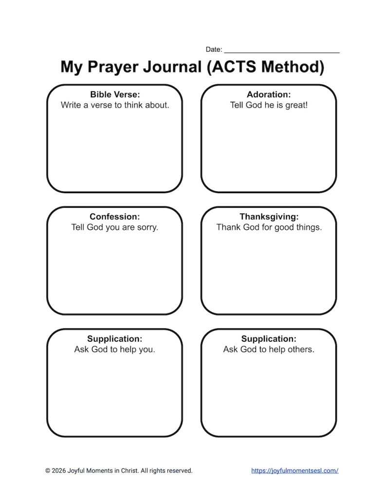 This free printable Prayer Journal Template is a simple writing tool I created for ESL students. It is designed to help learners practice English writing while they talk to God. This template is part of my Christian ESL materials and works well as a weekly writing assignment. Students can use the simple sections to write their prayers, thanks, and requests in English. It is a great way to grow in faith and improve English grammar at the same time!