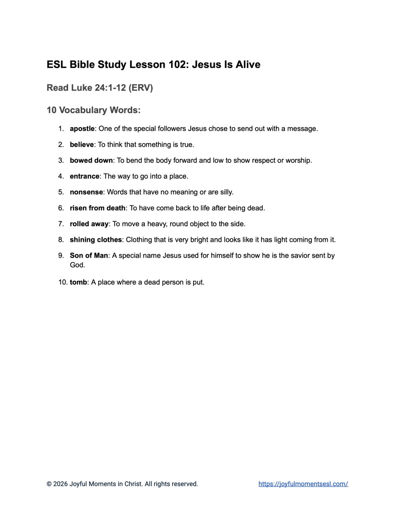 Free Printable Easter Bible Lesson for ESL: Luke 24:1-12: 10 Word Vocabulary List