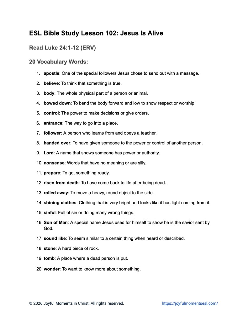 Free Printable Easter Bible Lesson for ESL: Luke 24:1-12: 20 Word Vocabulary List