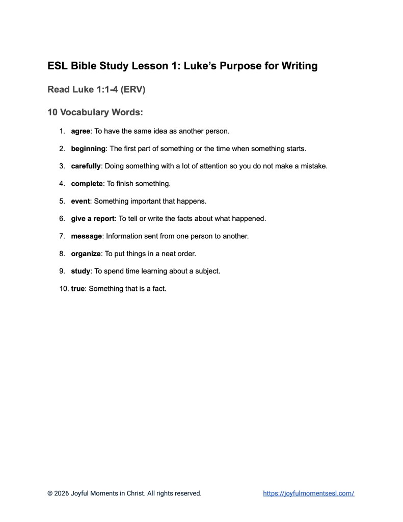 Luke 1:1-4 10-Word Vocabulary List ERV