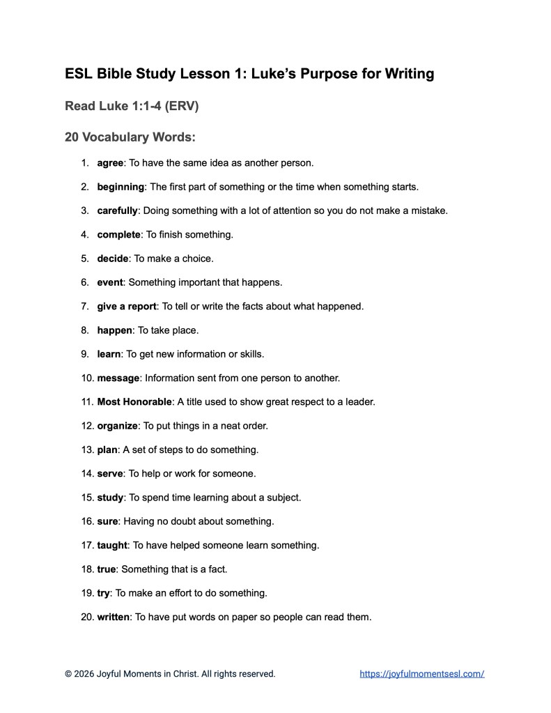 Luke 1:1-4 20-Word Vocabulary List ERV