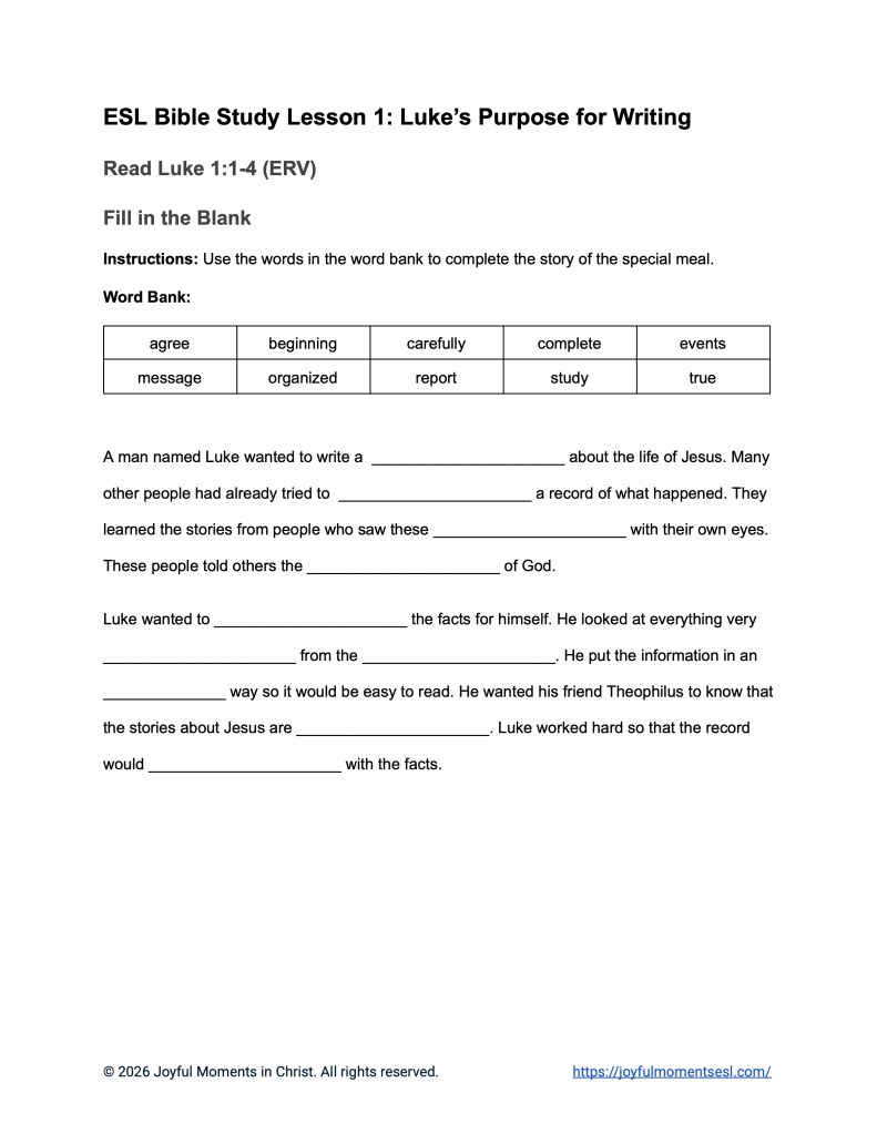 Luke 1:1-4 Summary Story Fill in the Blank Worksheet