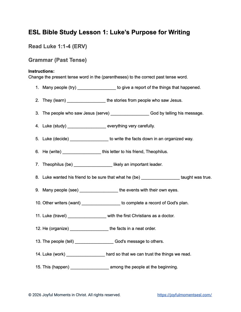 Luke 1:1-4 Past Tense Grammar Worksheet