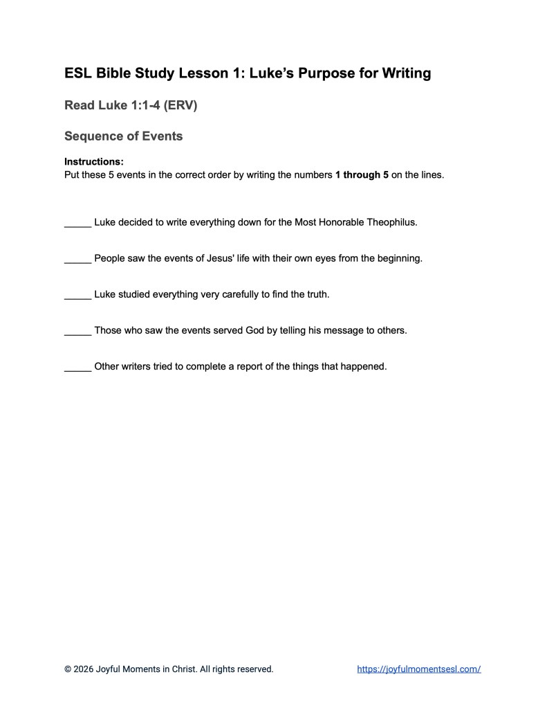 Luke 1:1-4 Sequence of Events Bible Worksheet