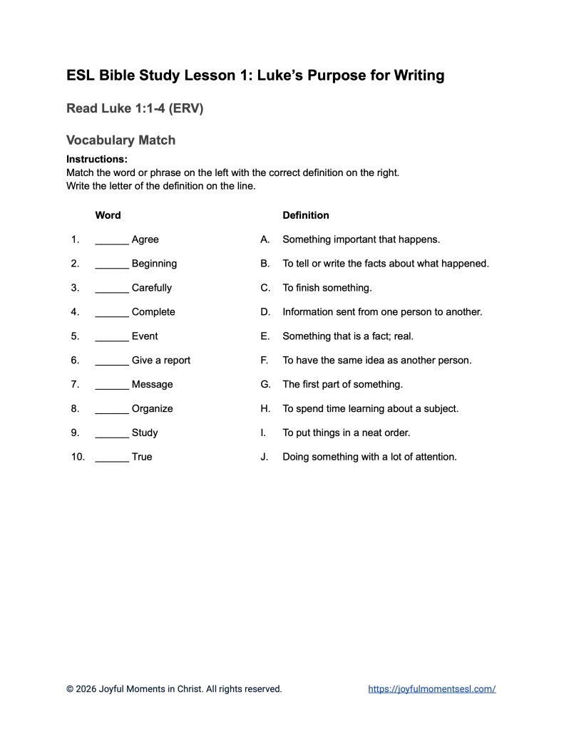 Luke 1:1-4 Vocabulary Match Worksheet