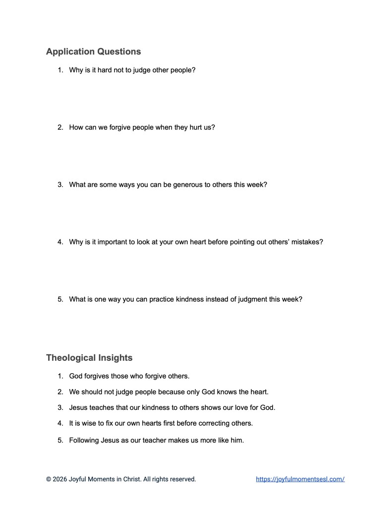 An image containing comprehension questions for a Luke 10:27-35 Bible study about Jesus' teaching on judging others. This worksheet is designed for ESL students, homeschool children, and anyone who prefers easy English. This activity will help students learn key ideas from the ERV Bible text while studying a famous teaching of Jesus.