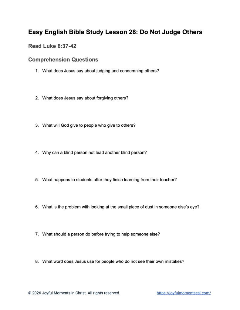 An image containing application questions and theological insights for a Luke 10:27-35 Bible study about Jesus' teaching on judging others. This worksheet is designed for ESL students, homeschool children, and anyone who prefers easy English. This activity will help students learn key ideas from the ERV Bible text while studying a famous teaching of Jesus.