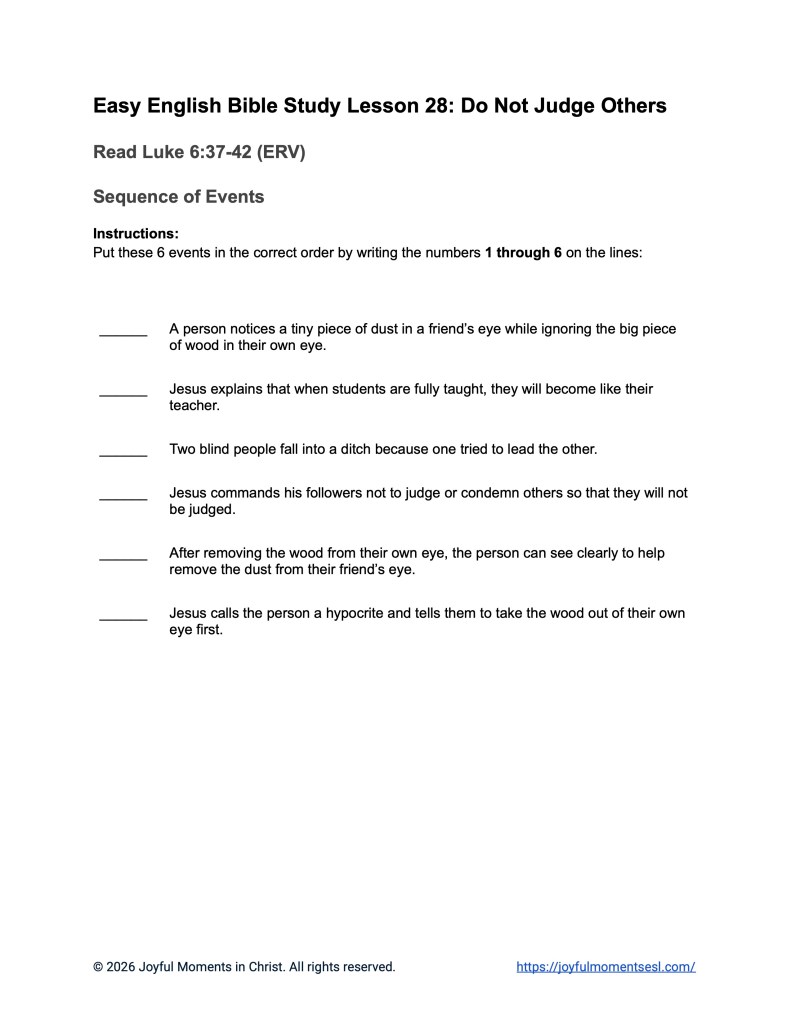 An image containing a sequence of events worksheet for a Luke 10:27-35 Bible study about Jesus' teaching on judging others. This activity is designed for ESL students, homeschool children, and anyone who prefers easy English. This worksheet will help students learn key ideas from the ERV Bible text while studying a famous teaching of Jesus.