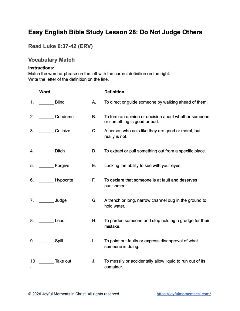 An image containing a vocabulary match worksheet for a Luke 10:27-35 Bible study about Jesus' teaching on judging others. This activity is designed for ESL students, homeschool children, and anyone who prefers easy English. This worksheet will help students learn key ideas from the ERV Bible text while studying a famous teaching of Jesus.