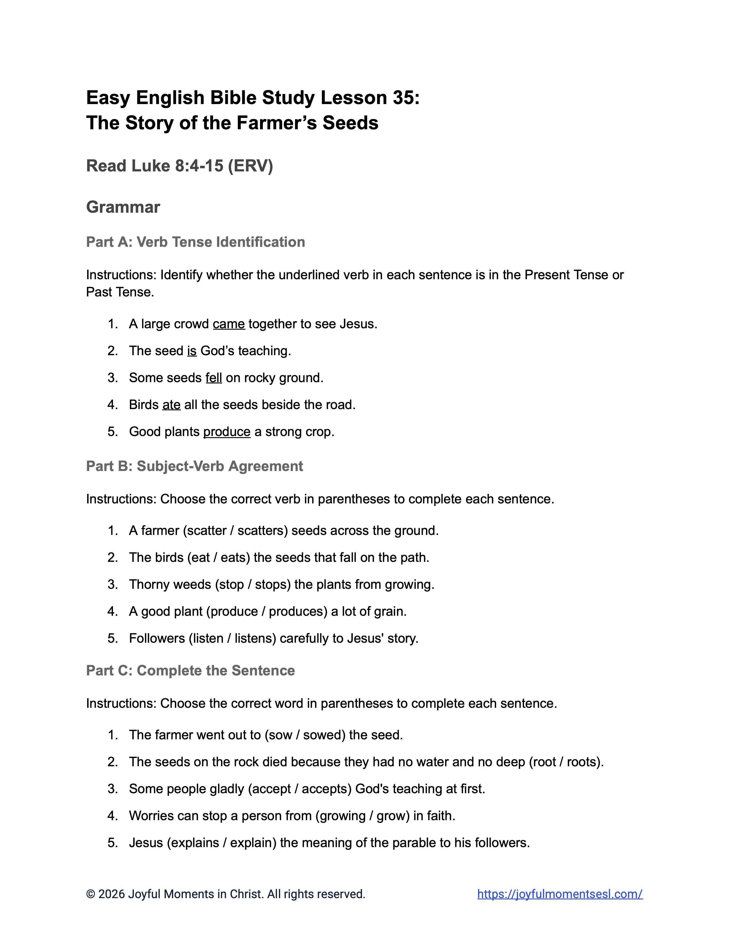 A free printable PDF containing a grammar worksheet for a Luke 8:4-15 easy English Bible study about Jesus' teaching on how different people hear the word of God. This activity is designed for ESL students, homeschool children, and anyone who enjoys studying the Bible in simple English. This worksheet will help students learn key ideas from the ERV Bible text while studying a famous teaching of Jesus.