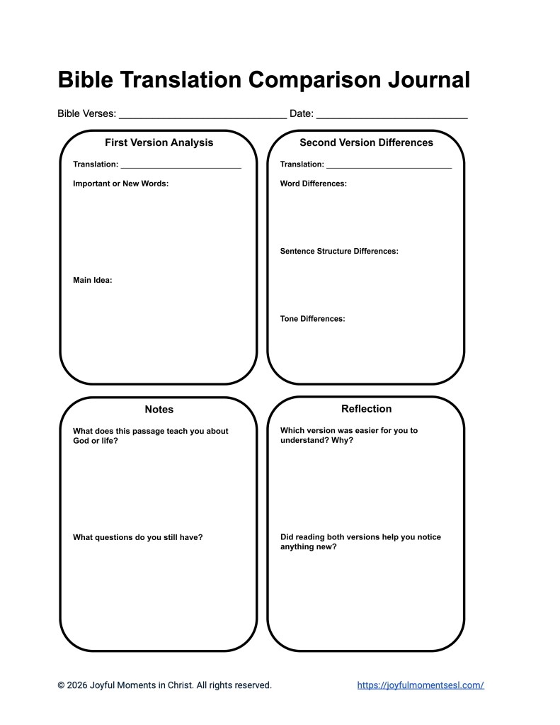 A worksheet containing a Bible translation comparison journal worksheet for Bible study. This activity is designed for ESL students, homeschool children, and anyone who wants to compare the vocabulary, sentence structure, and tone between two translations of a Bible passage. This worksheet will help students learn key ideas from a particular Bible text while studying both an easy translation and a harder translation.