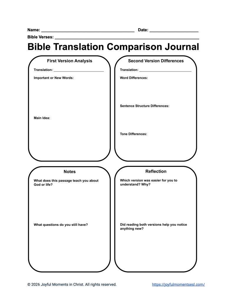 A free printable worksheet containing a Bible translation comparison journal worksheet for Bible study. This activity is designed for ESL students, homeschool children, families, and anyone who wants to compare the vocabulary, sentence structure, and tone between two translations of a Bible passage. This worksheet will help students learn key ideas from a particular Bible text while studying both an easy translation and a harder translation. Ideal for ESL students, homeschool children, families, and anyone who enjoys studying the Bible with simple words. #FreePrintable #BibleWorksheet #ComparisonJournal #ESL #Homeschool #LearnEnglish