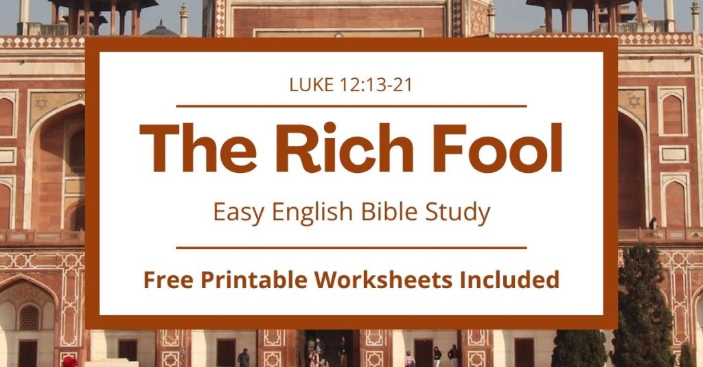 Find free printable Bible worksheets for Luke 12:13-21 to help students understand Jesus' teachings on the parable of the rich fool! This activity set includes a vocabulary match worksheet, a grammar practice worksheet, a sequence of events activity, a fill in the blank assignment, discussion questions, and more. These resources are perfect for ESL students, homeschool children, families, and anyone who enjoys studying the Bible and growing their faith while using simple English. Download the complete set to help your students learn more about Jesus' teachings on wealth, greed, and the fragility of life! #BibleLesson #BibleStudy #GospelOfLuke #EasyEnglish #ESL #Homeschool #ChristianFamily #FreePrintables