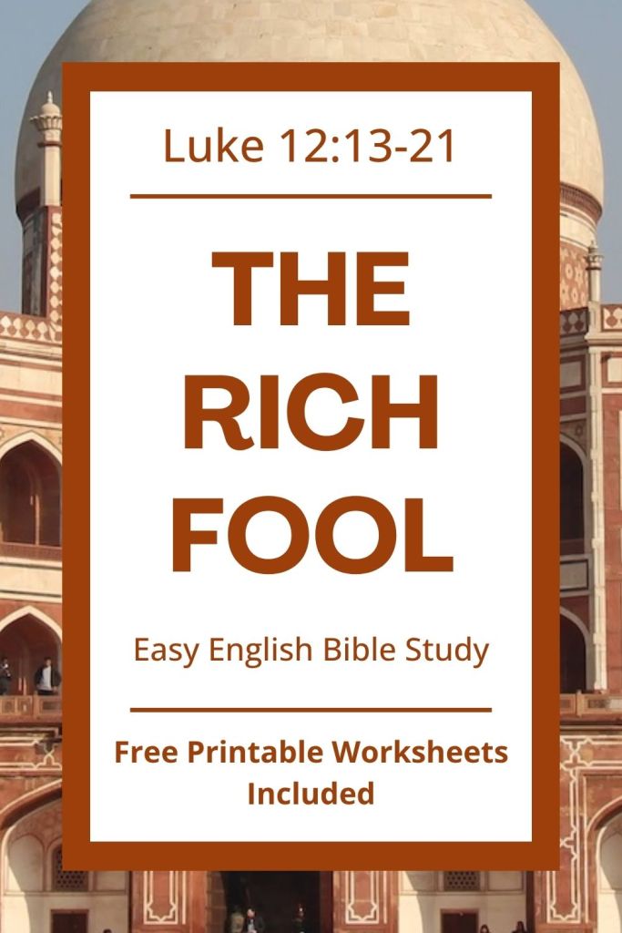 Find free printable Bible worksheets for Luke 12:13-21 to help students understand Jesus' teachings on the parable of the rich fool! This activity set includes a vocabulary match worksheet, a grammar practice worksheet, a sequence of events activity, a fill in the blank assignment, discussion questions, and more. These resources are perfect for ESL students, homeschool children, families, and anyone who enjoys studying the Bible and growing their faith while using simple English. Download the complete set to help your students learn more about Jesus' teachings on wealth, greed, and the fragility of life! #BibleLesson #BibleStudy #GospelOfLuke #EasyEnglish #ESL #Homeschool #ChristianFamily #FreePrintables